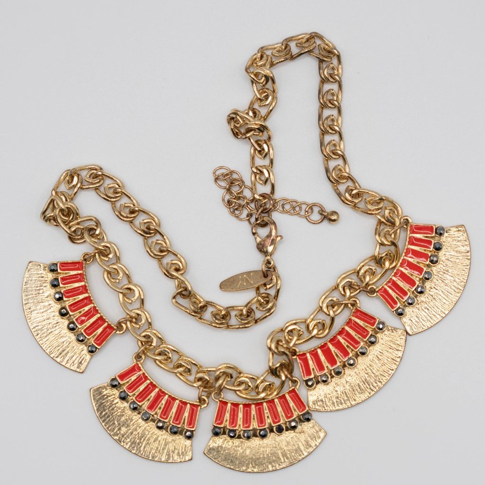 NY Collection-Statement Necklace- Red and Gold Tone Fan Shaped Pendants